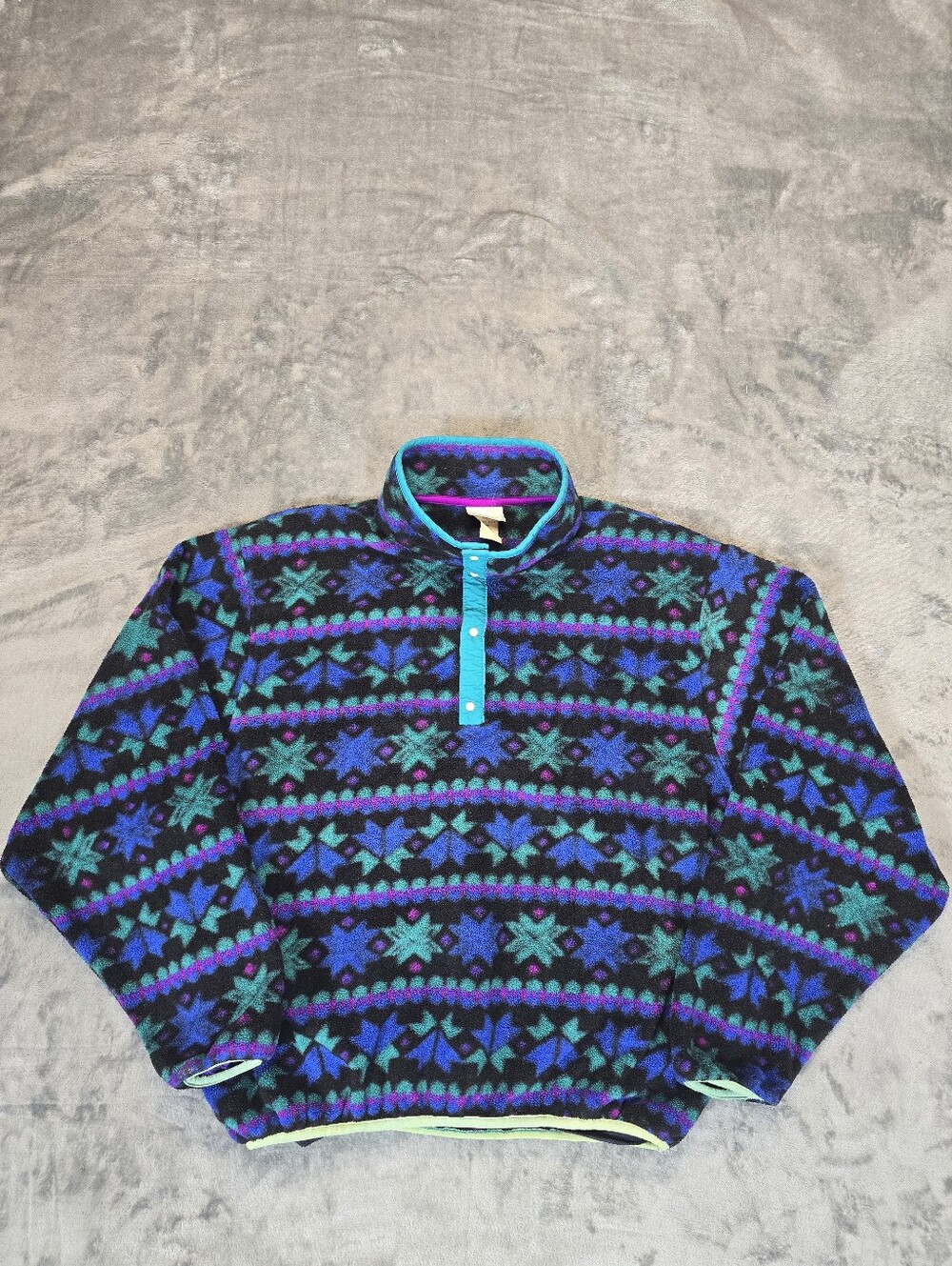 Vintage LL Bean Snap Fleece Sweater Sz Lrg Aztec Navajo Geometric Teal Purple